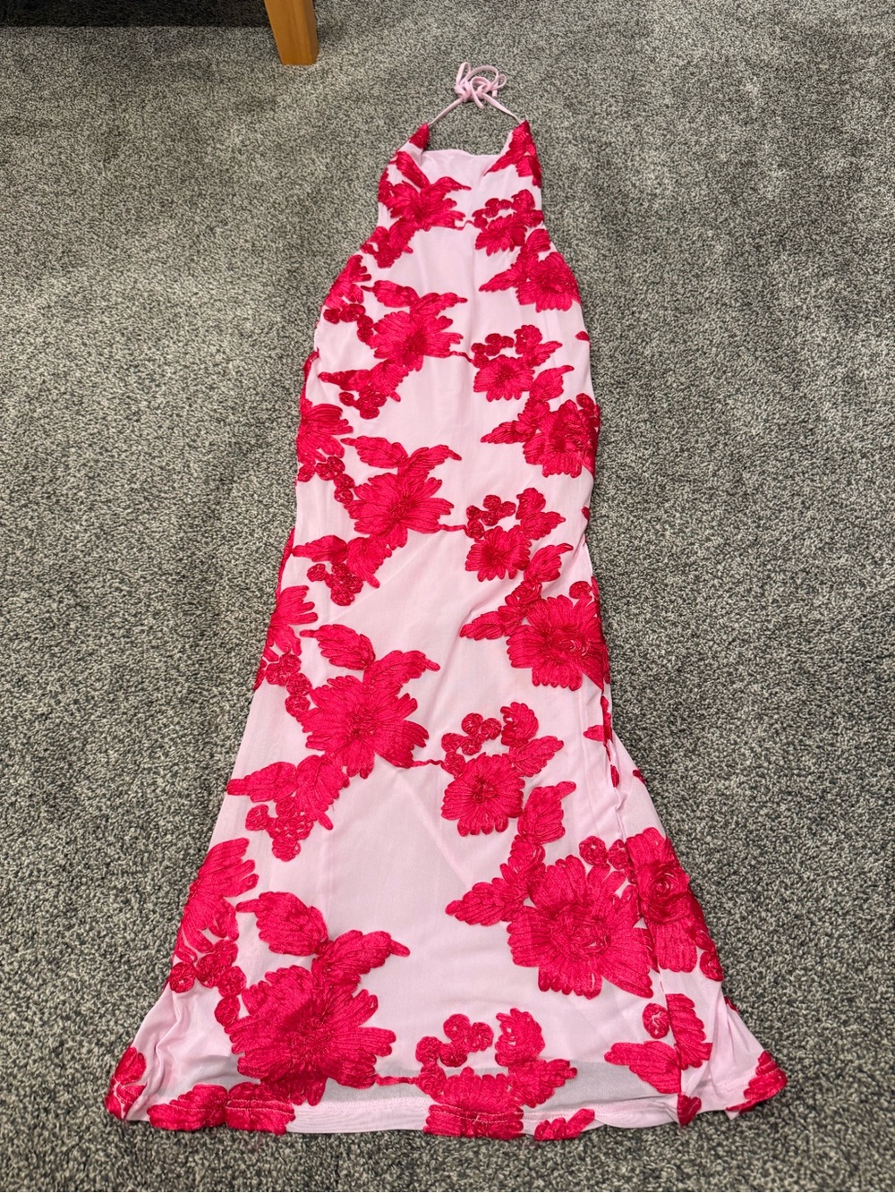White Fox Boutique Pink Maxi Dress with Hot Pink Floral Appliqué